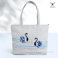 Bolso de hombro casual de lino con bordado de cisne
